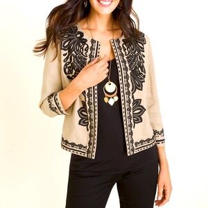 Chico’s linen 3/4 sleeve open front jacket natural w/black embroidery 8